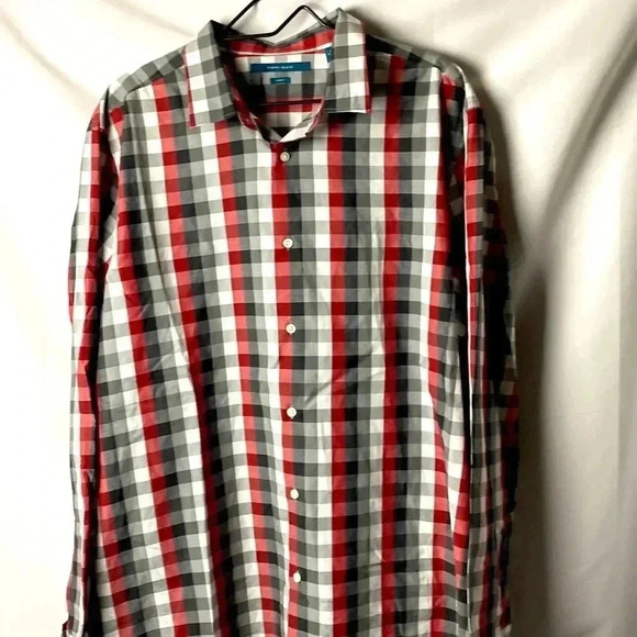 PERRY ELLIS SLIM FIT MENS SIZE XXL LONG SLEEVE BUTTON DOWN SHIRT  RED GRAY PLAID - Picture 1 of 11
